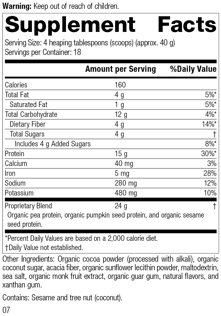 Veg-E Complete Proâ„¢ Chocolate, 26 Ounces, Rev 07 Supplement Facts